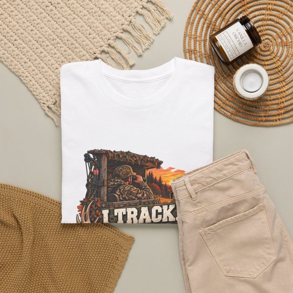 White T-shirt with "I Track. I Wait. I Miss." hunting graphic, lifestyle flat-lay
