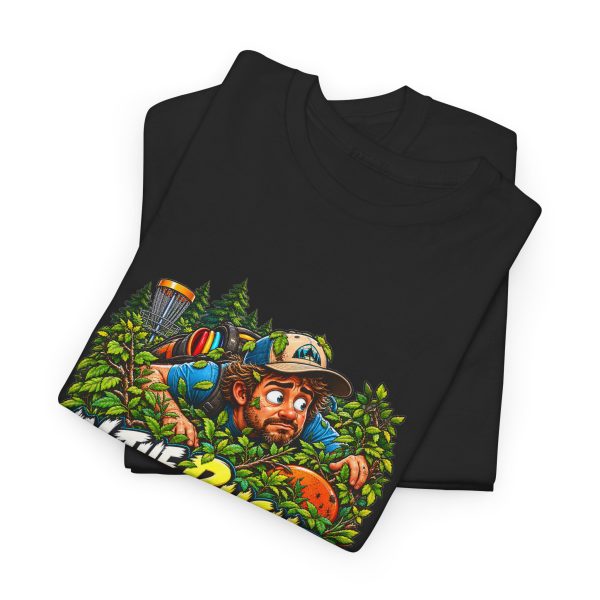 Folded black T-shirt showing "In the Bushes Finding Myself" disc golf graphic