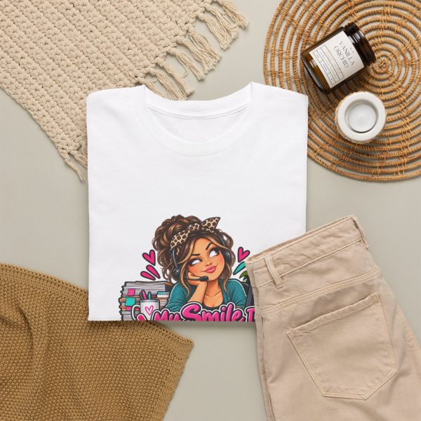 Close-up of the "My Smile Is Mandatory. My Eye Roll Is Freelance." design on the t-shirt