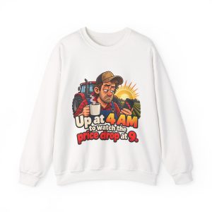 White farmer crewneck sweatshirt printed with Up at 4 AM to watch the price drop at 9 and a tired farmer in a cap