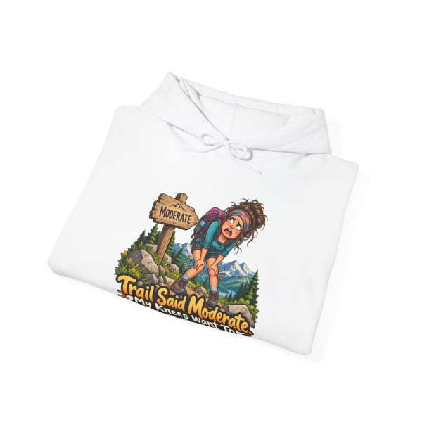 White hiking hoodie folded flat, design on the front