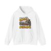 White hoodie printed on the front with a horrified construction worker in a hard hat and hi-vis vest kneeling on a fresh concrete slab, with orange conduit visible buried in the gravel below and the words "We Poured the Concrete. Then Found the Missing Conduit."