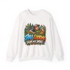 White disc golf crewneck sweatshirt printed with STILL LOOKING FOR MY DISC and a wide-eyed disc golfer crawling through thick brush and branches