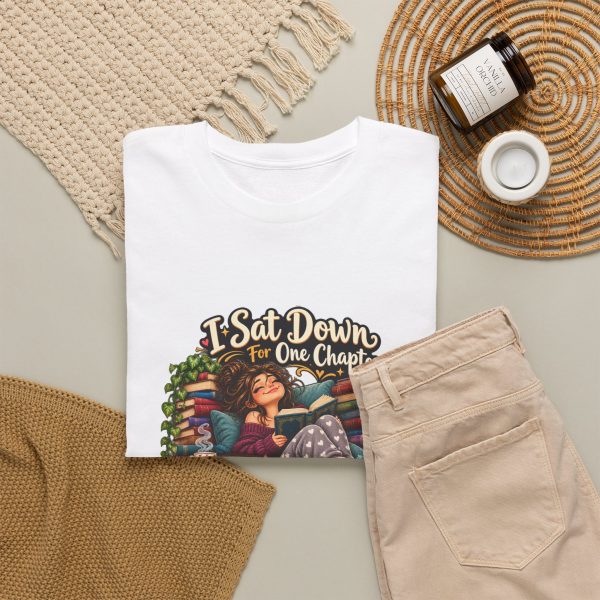 White book lover t-shirt folded flat, design on the front