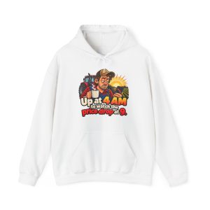 White farmer hoodie printed with Up at 4 AM to watch the price drop at 9 and a tired farmer in a cap