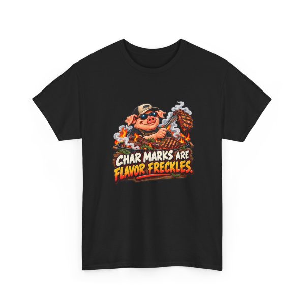 Black T-shirt with "Char Marks Are Flavor Freckles" BBQ graphic, front view