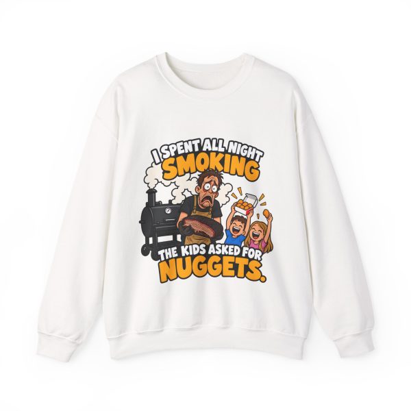White funny BBQ dad sweatshirt, a tired dad holding brisket beside a smoker while two kids cheer over a nugget box