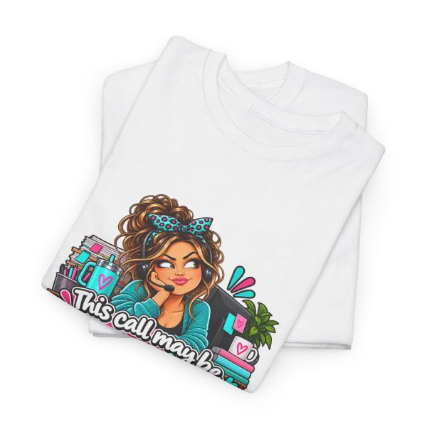Close-up of the "This call may be recorded for my therapist's training purposes." design on the t-shirt