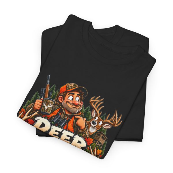Folded black T-shirt showing "Deer Season Is My Personality Now" hunting graphic