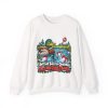 White golf Christmas sweatshirt printed with a smug mallard in a pond, gift-wrapped golf balls splashing in and the words "I Got Golf Balls For Christmas. The Lake Says Thanks."