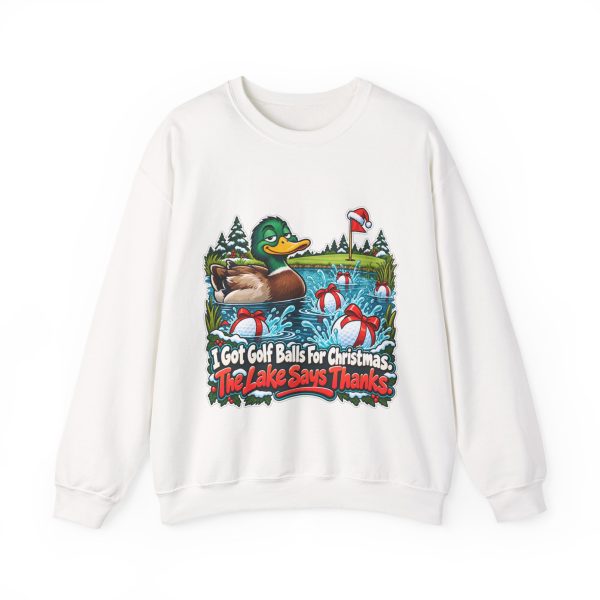 White golf Christmas sweatshirt printed with a smug mallard in a pond, gift-wrapped golf balls splashing in and the words "I Got Golf Balls For Christmas. The Lake Says Thanks."