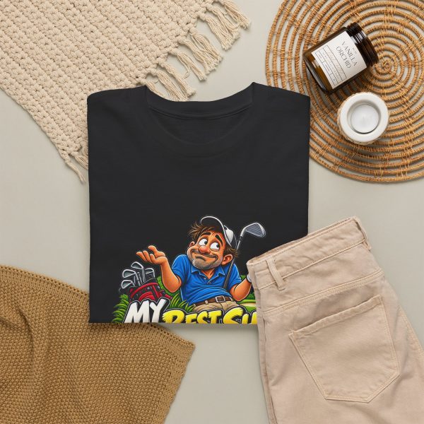 Black T-shirt with "My Best Shot Is an Excuse" golf graphic, lifestyle flat-lay