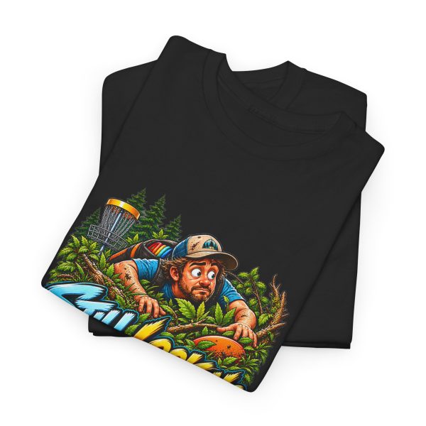 Folded black T-shirt showing "Still Looking for My Disc" disc golf graphic