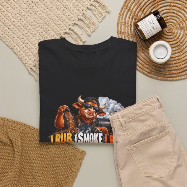 Black T-shirt with "I Rub. I Smoke. I Rest." BBQ graphic, lifestyle flat-lay