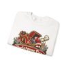 Folded white crewneck sweatshirt showing "Christmas Eve. Even The Sleigh Won't Start" mechanic Christmas graphic