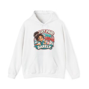 White hoodie printed with "I GET PAID TO BE PEED ON. BARELY." and a tired CNA in teal scrubs giving a thumbs-up
