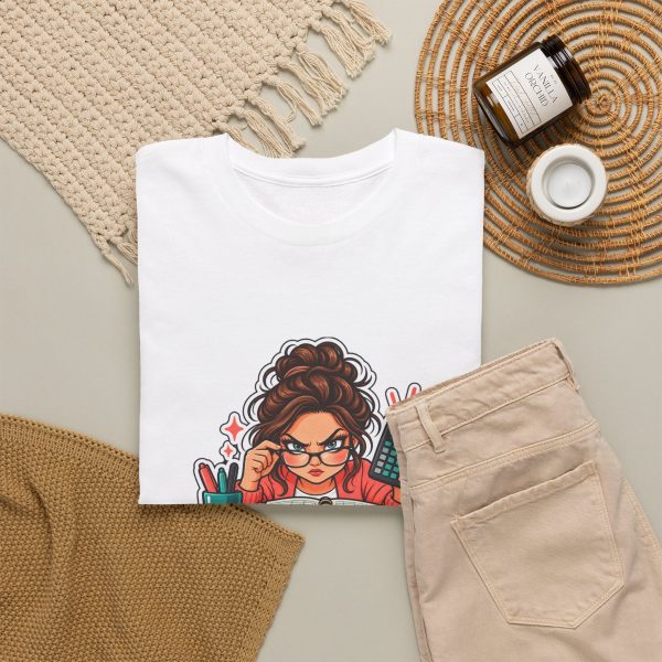 Close-up of the "Off by $0.01 and I will find you." bookkeeper design on the t-shirt
