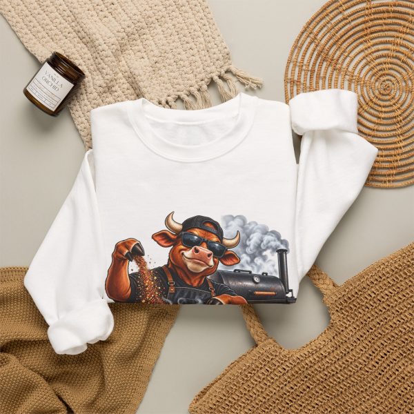 White crewneck sweatshirt with "I Rub. I Smoke. I Rest" BBQ graphic, lifestyle flat-lay