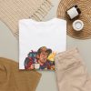 Close-up of the "Up at 4 AM to watch the price drop at 9." farmer design on the t-shirt