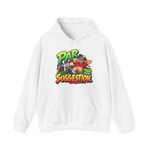 White hoodie printed with "PAR IS A SUGGESTION." and a relaxed golfer in a red polo, sunglasses and a white cap lying back