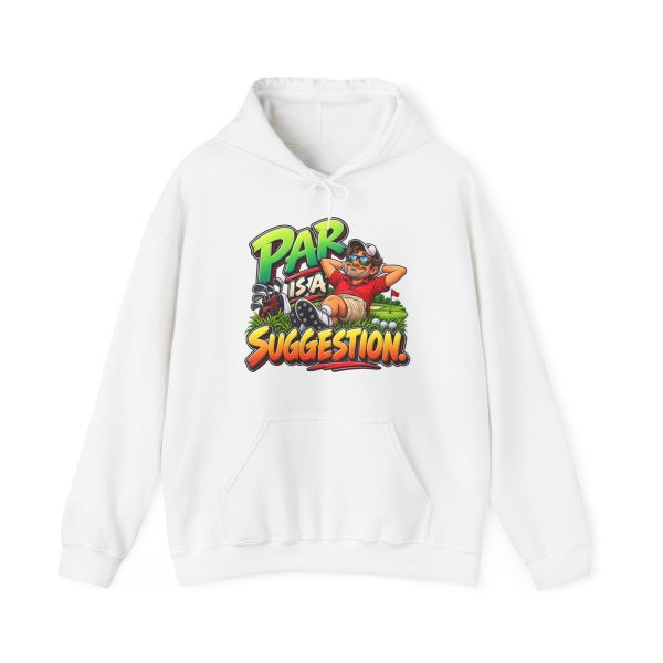 White hoodie printed with "PAR IS A SUGGESTION." and a relaxed golfer in a red polo, sunglasses and a white cap lying back