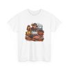 White BBQ T-shirt printed with I RUB. I SMOKE. I REST and a bull in a cap and sunglasses sprinkling dry rub by hand next to an offset smoker