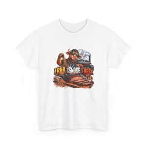 White BBQ T-shirt printed with I RUB. I SMOKE. I REST and a bull in a cap and sunglasses sprinkling dry rub by hand next to an offset smoker
