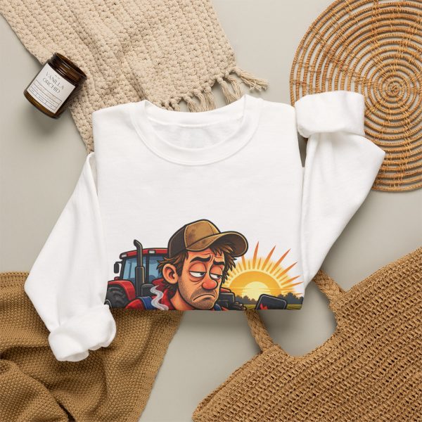 Close-up of the "Up at 4 AM to watch the price drop at 9." farmer design on the sweatshirt