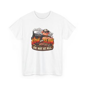 White BBQ T-shirt printed with a cool pig in a cap and sunglasses at a smoking offset smoker, with flame lettering