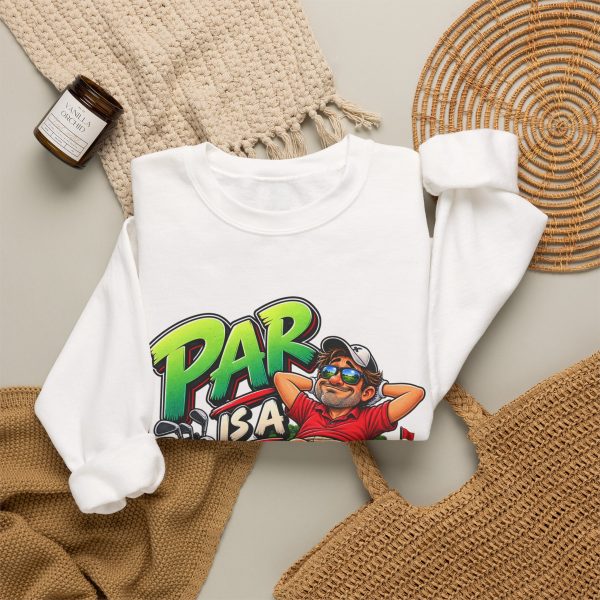 White crewneck sweatshirt with "Par Is a Suggestion" golf graphic, lifestyle flat-lay