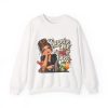 Front of the white unisex sweatshirt printed with an eye-rolling bartender in a black apron leaning on the bar behind a row of cocktails and a steel shaker and the words “Surprise me” is not a flavor.