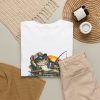 White T-shirt with "I Fish. Therefore I Lie." fishing graphic, lifestyle flat-lay