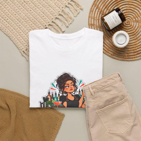 Close-up of the "Yes, I saw you. No, you're not next." bartender design on the t-shirt