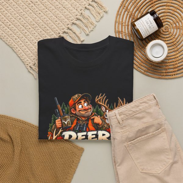 Black T-shirt with "Deer Season Is My Personality Now" hunting graphic, lifestyle flat-lay
