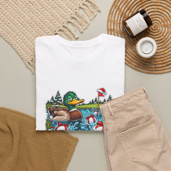 Close-up of the "I Got Golf Balls For Christmas. The Lake Says Thanks." golf Christmas design on the t-shirt