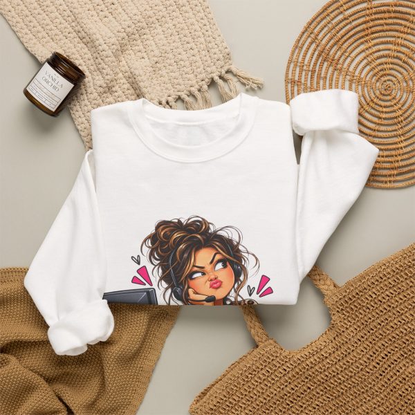Close-up of the "I Put You on Hold to Make the Face." design on the sweatshirt