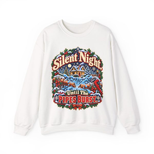 White plumber Christmas crewneck sweatshirt printed with Silent Night. Until The PIPES BURST and a snowy cottage on a starry winter night