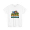 White unisex T-shirt printed with STILL LOOKING FOR THAT FAIRWAY. and a squinting golfer crawling through the rough
