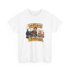 White funny BBQ dad shirt with a tired dad, a brisket, an offset smoker and two kids cheering with a nugget box