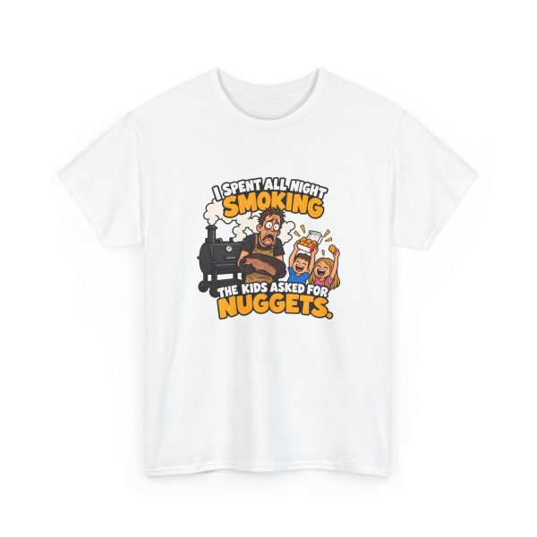 White funny BBQ dad shirt with a tired dad, a brisket, an offset smoker and two kids cheering with a nugget box