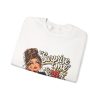 White bartender sweatshirt folded flat, design on the front