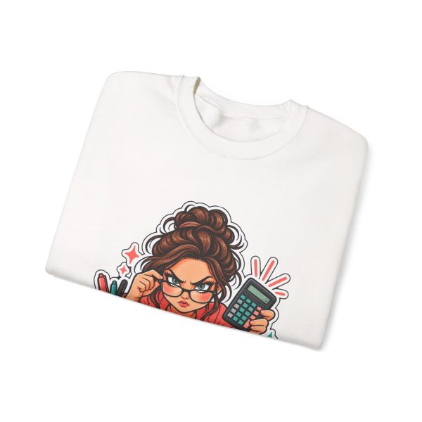 Close-up of the "Off by $0.01 and I will find you." bookkeeper design on the sweatshirt