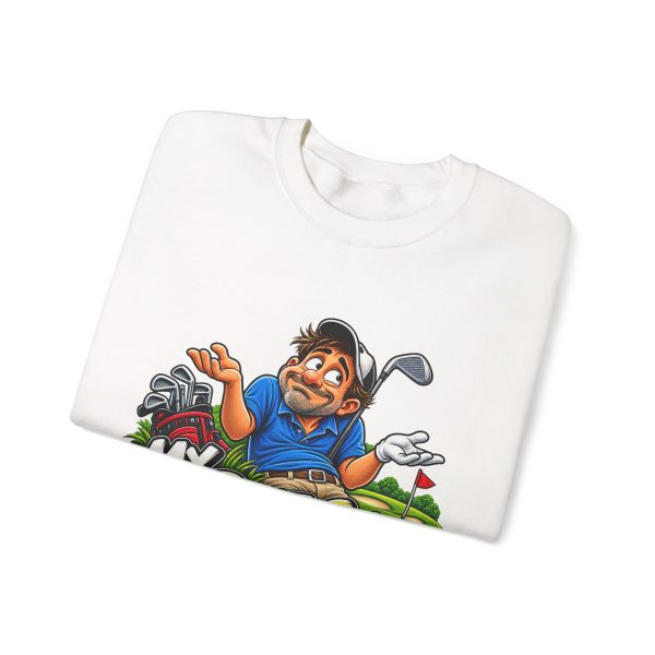 Folded white crewneck sweatshirt showing "My Best Shot Is an Excuse" golf graphic