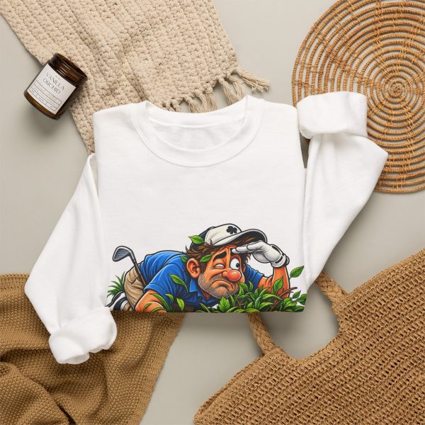 White crewneck sweatshirt with "Still Looking for That Fairway" golf graphic, lifestyle flat-lay