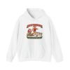 Funny running Christmas hoodie in White, front print: Deck the Halls With My Mile Splits, a Santa-hat runner passing an exhausted Santa