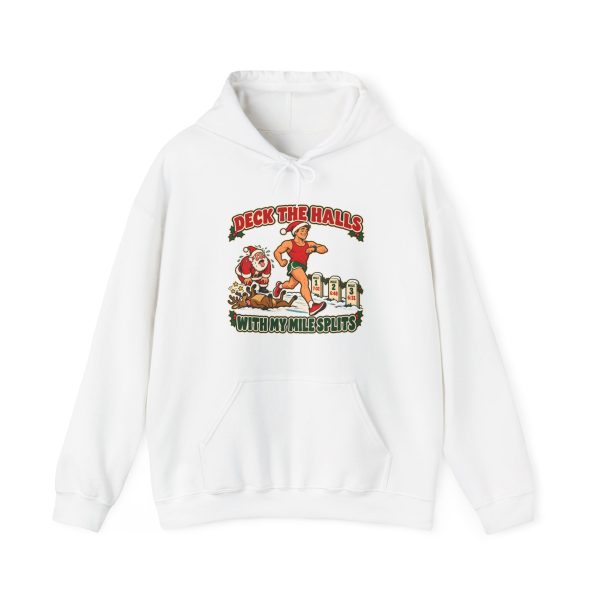 Funny running Christmas hoodie in White, front print: Deck the Halls With My Mile Splits, a Santa-hat runner passing an exhausted Santa