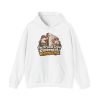White hoodie printed on the front with two grinning drywallers in sunglasses and suspenders hanging a drywall sheet while a cartoon skeleton peeks out of the open stud bay and the words "The Drywall Crew Covered It. Whatever It Was."