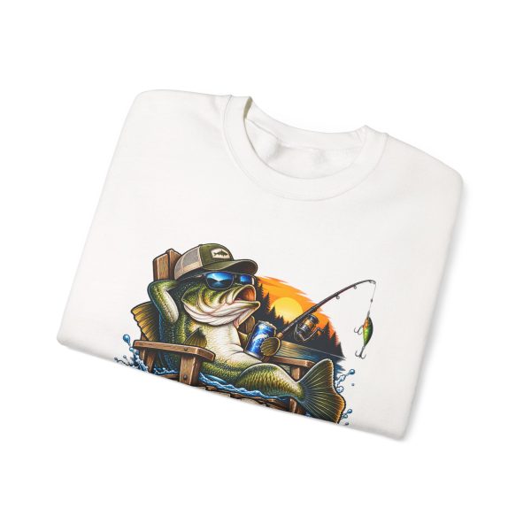 Folded white crewneck sweatshirt showing "I Fish. Therefore I Lie." fishing graphic