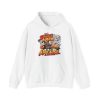 White hoodie printed with "THE SMOKE ALARM IS JUST APPLAUSE." and a bearded griller in a cap, sunglasses and apron