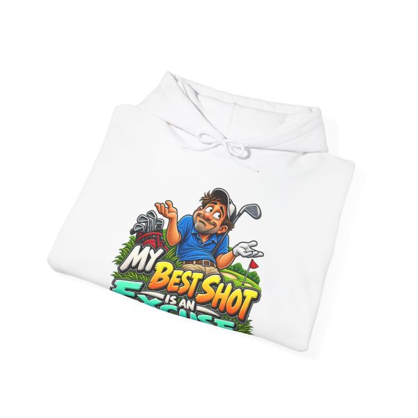 Folded white hoodie showing "My Best Shot Is an Excuse" golf graphic